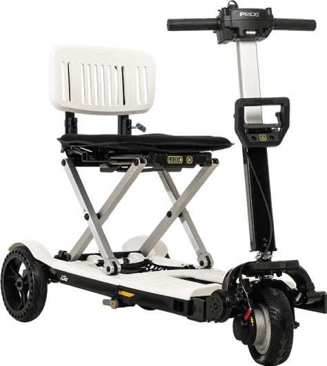 The I-GO FOLDING SCOOTER by Pride Mobility is a compact mobility solution with a white seat, black accents, single front wheel, dual rear wheels, control-equipped handlebars, and durable frame for easy transport.