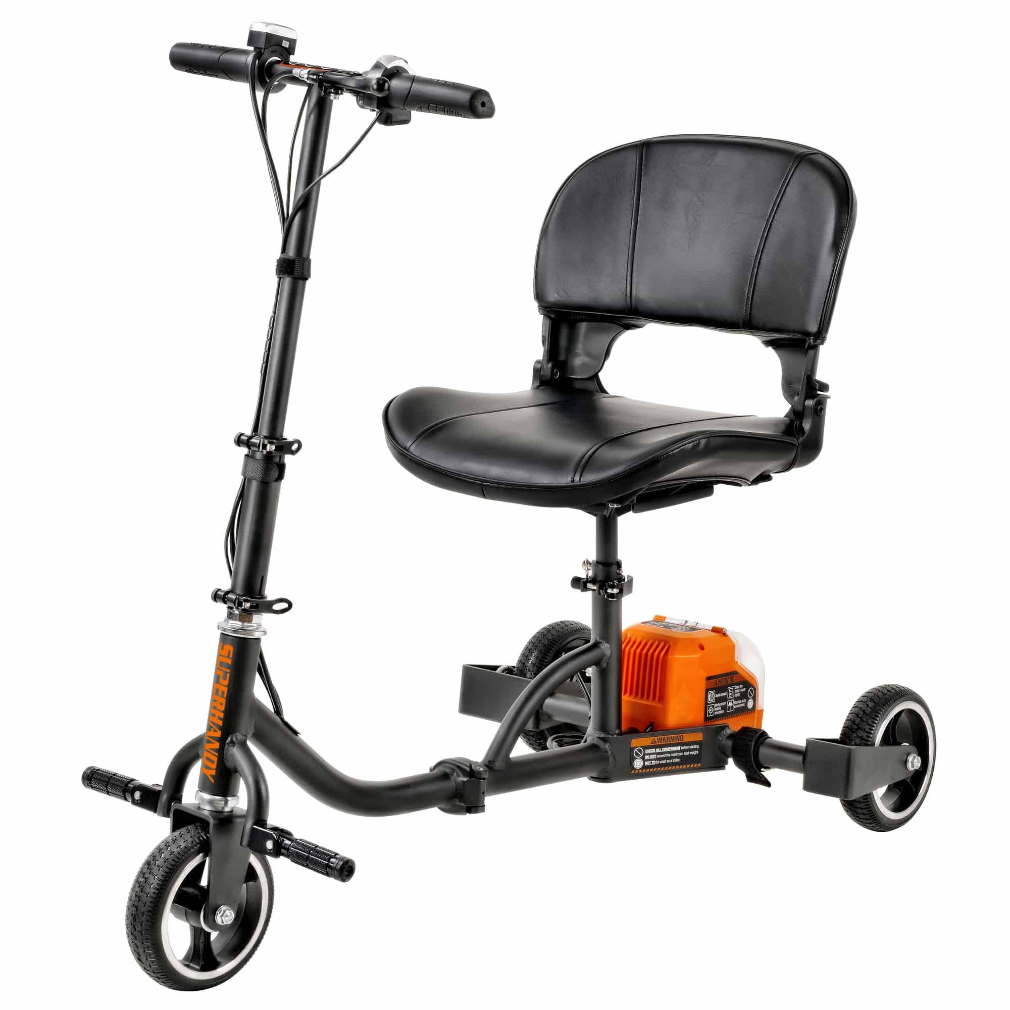 The Passport Scooter By Super Handy is a black three-wheel scooter with a comfortable leather seat and backrest, an orange motor under the seat, handlebars with grips, small wheels, and side footrests.