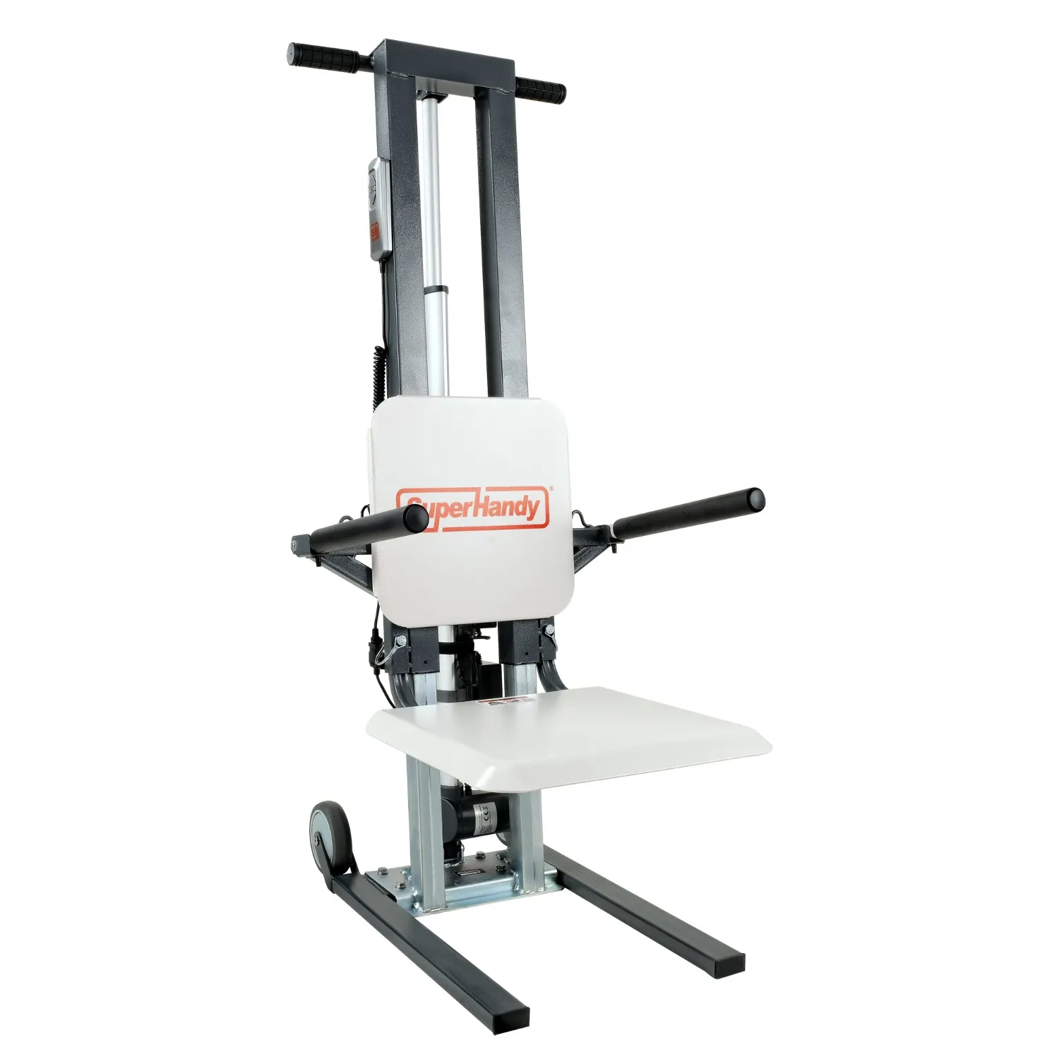 The SuperHandy GoRise FC Floor to Stand Mobility Lift features a handle, platform, and wheels for easy movement. Its mobility lift mechanism and branded backrest ensure efficiency and ease in tasks.