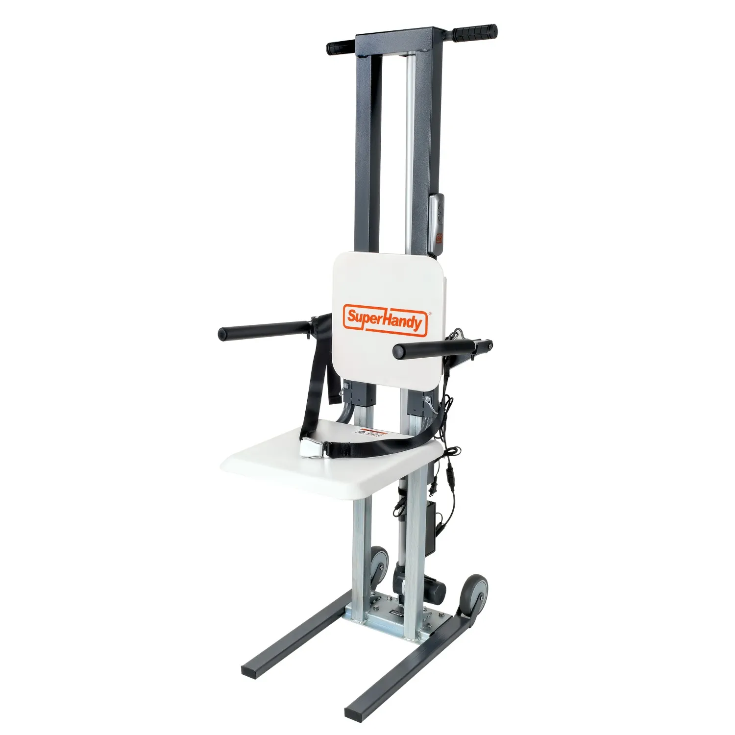 The SuperHandy GoRise FC Floor to Stand Mobility Lift is an electric chair with a metal frame and wheeled base, featuring handles, a backrest seat, and a control panel for easy vertical mobility.