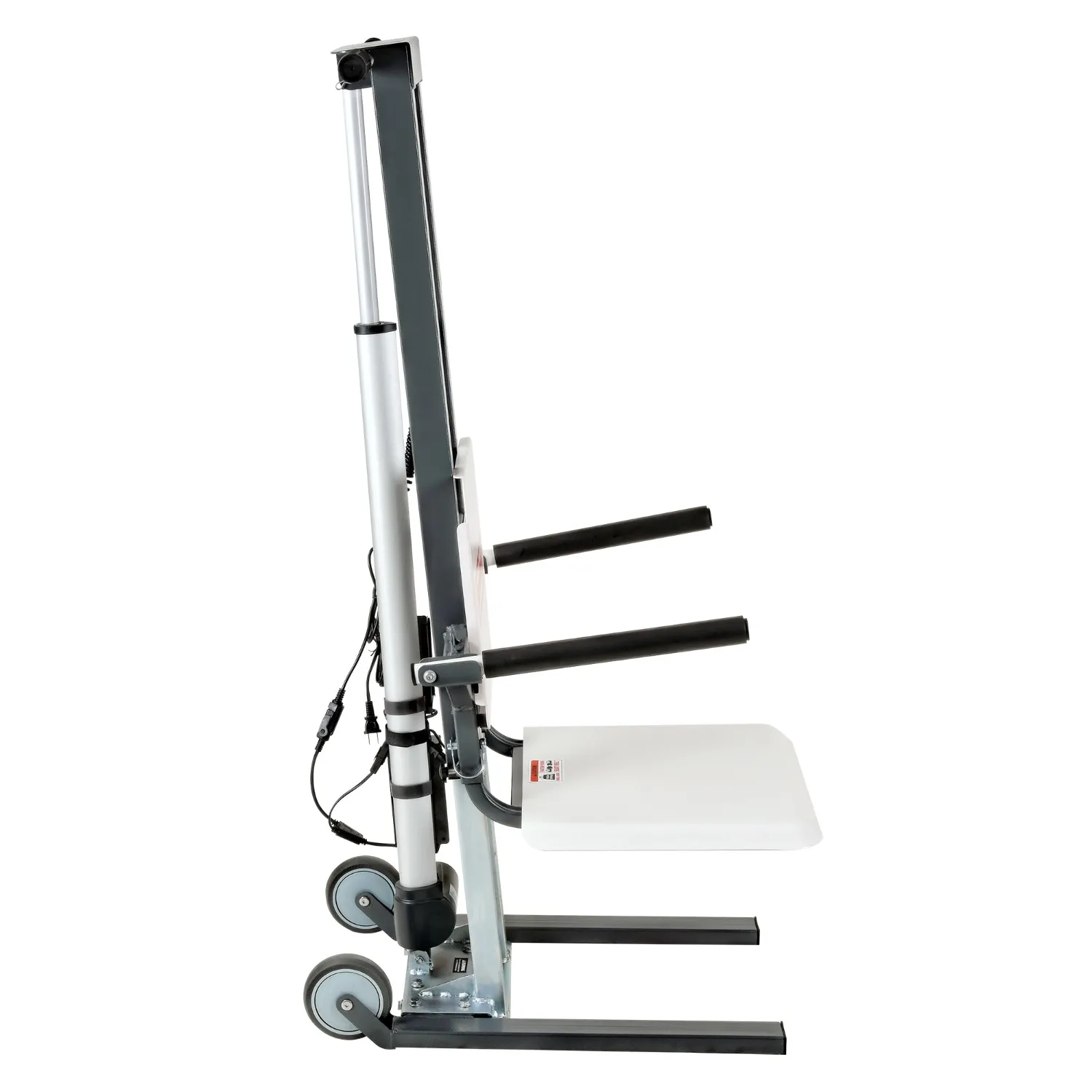 The SuperHandy GoRise FC Mobility Lift is a portable stair climber with wheels, two black handles, and a foldable seat designed to help individuals safely navigate stairs.