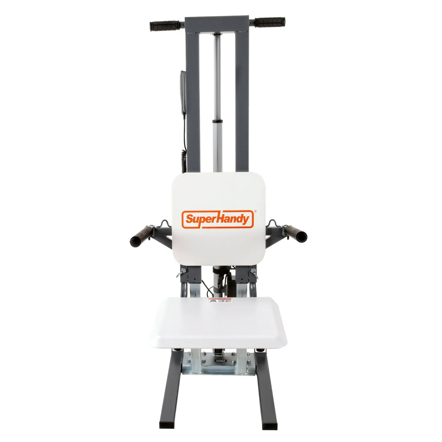 Front view of the SuperHandy GoRise FC Floor to Stand Mobility Lift featuring handlebars, a square seat, vertical metal frame, and wheels for enhanced mobility with SuperHandy logo on the backrest.