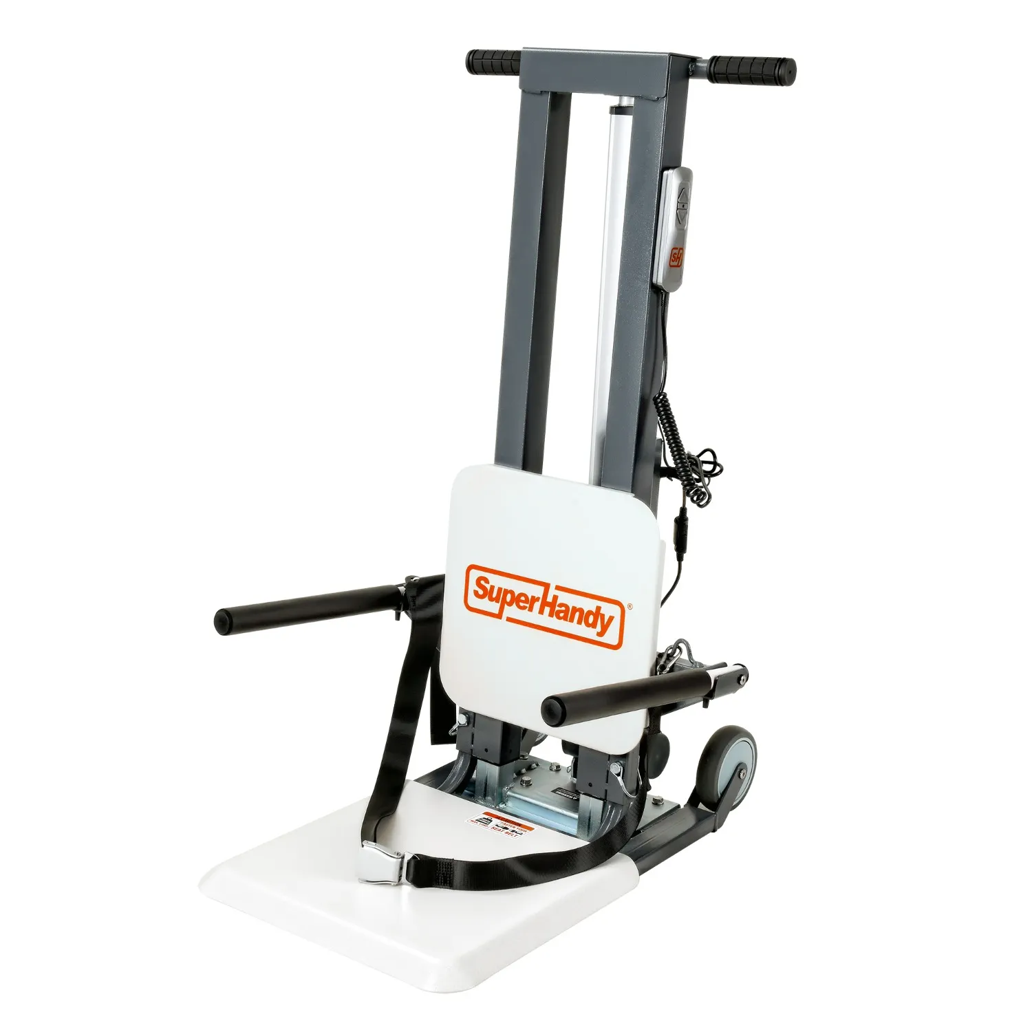 The SuperHandy GoRise FC Floor to Stand Mobility Lift is a motorized stair climbing dolly with a white platform, black handles, wheels, and control panel, expertly crafted to effortlessly transport heavy items on stairs.