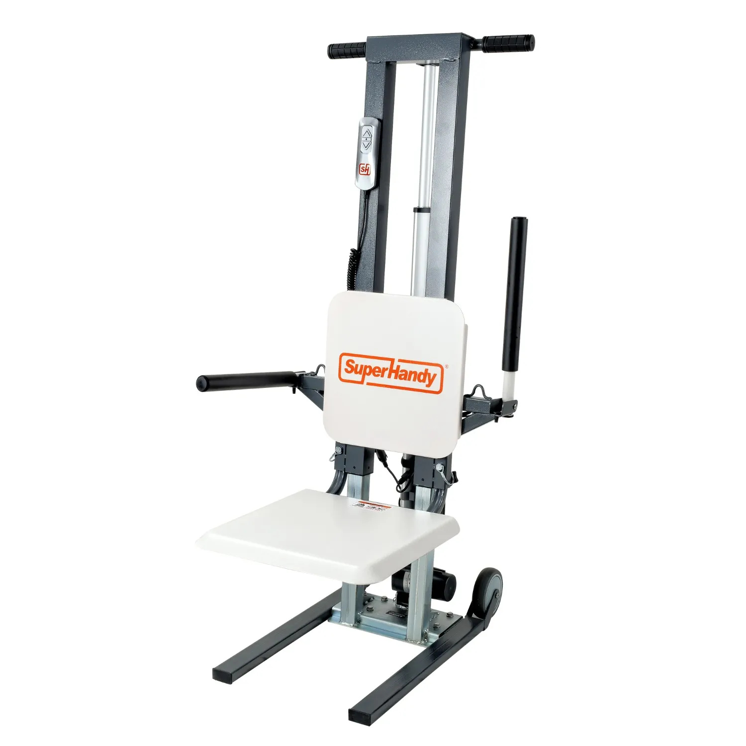 The SuperHandy GoRise FC Floor to Stand Mobility Lift has a white platform and two black handles. It features wheels for easy maneuverability, making it ideal for efficiently lifting and transporting heavy items in warehouses or storage spaces.