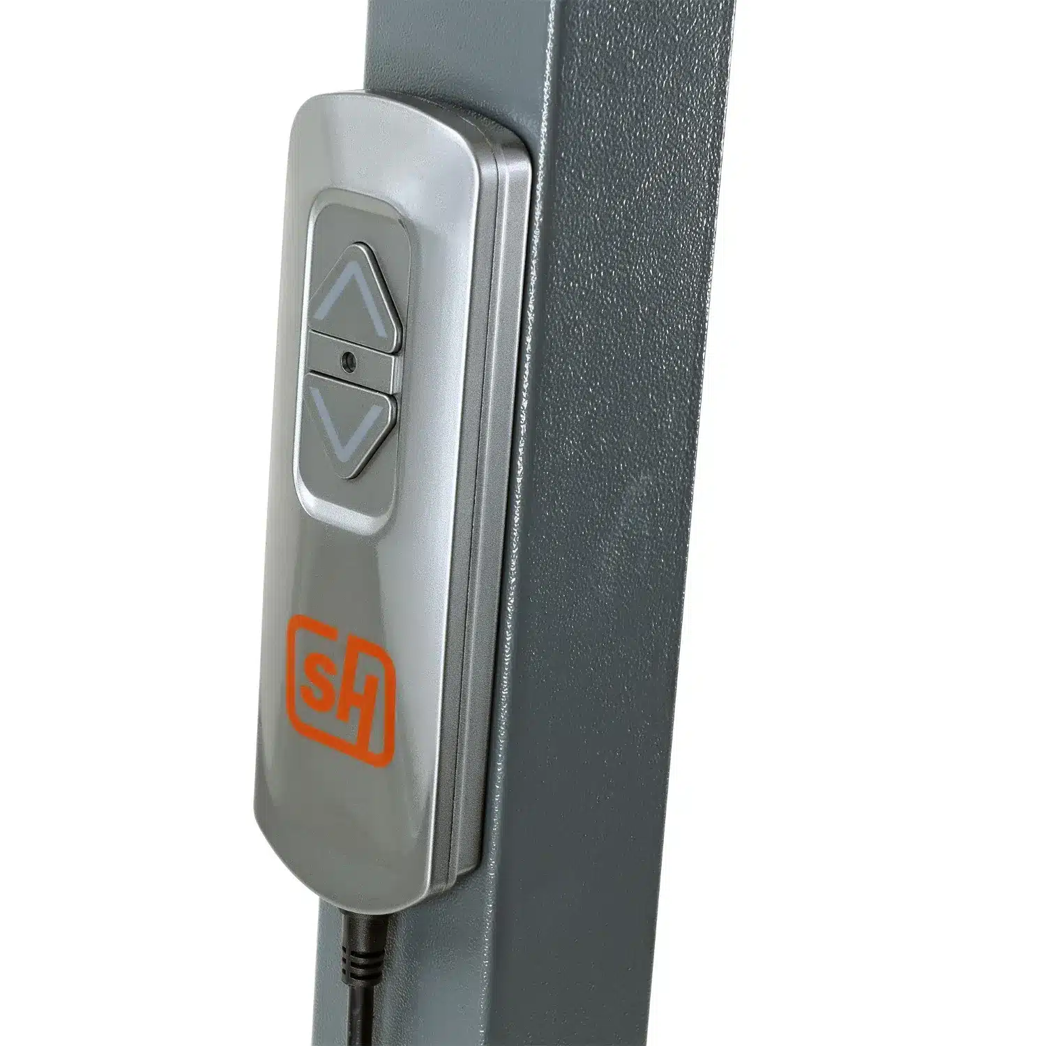 Close-up of an adjustable control panel on the SuperHandy GoRise FC Floor to Stand Mobility Lift, featuring two buttons for up and down on a metallic surface, adorned with an orange sH logo.