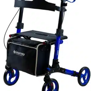 The UPWalker® Breeze, a blue and black mobility walker, includes four wheels, a padded seat, a Journey storage bag, ergonomic handles, and a lightweight frame for enhanced stability and support.