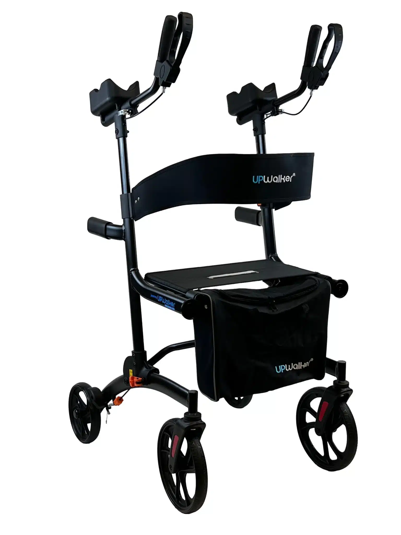 The UPWalker Premium Lite is a sleek, black upright walker featuring four wheels, armrests, a comfortable seat with a backrest, and a storage pouch underneath. Its handlebars support easy upright walking.