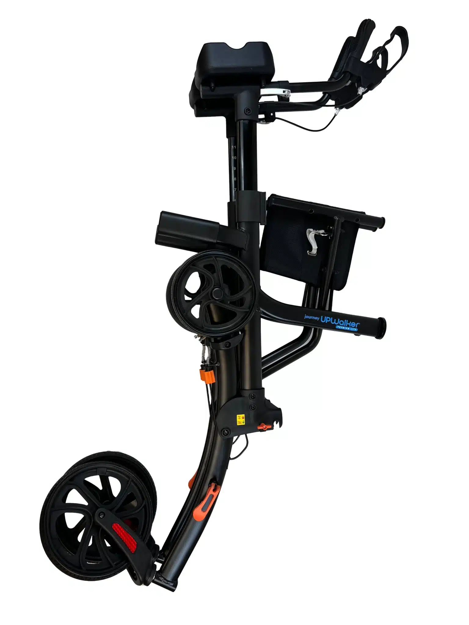 Side view of the UPWalker Premium Lite in black, showcasing its compact design with two large wheels, a seat, handlebar controls, adjustable components, and a small storage pouch beneath the sleek frame.